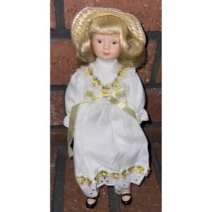 Vintage 8" Porcelain Doll Blonde Hair White Dress Yellow Embroidery Straw Hat